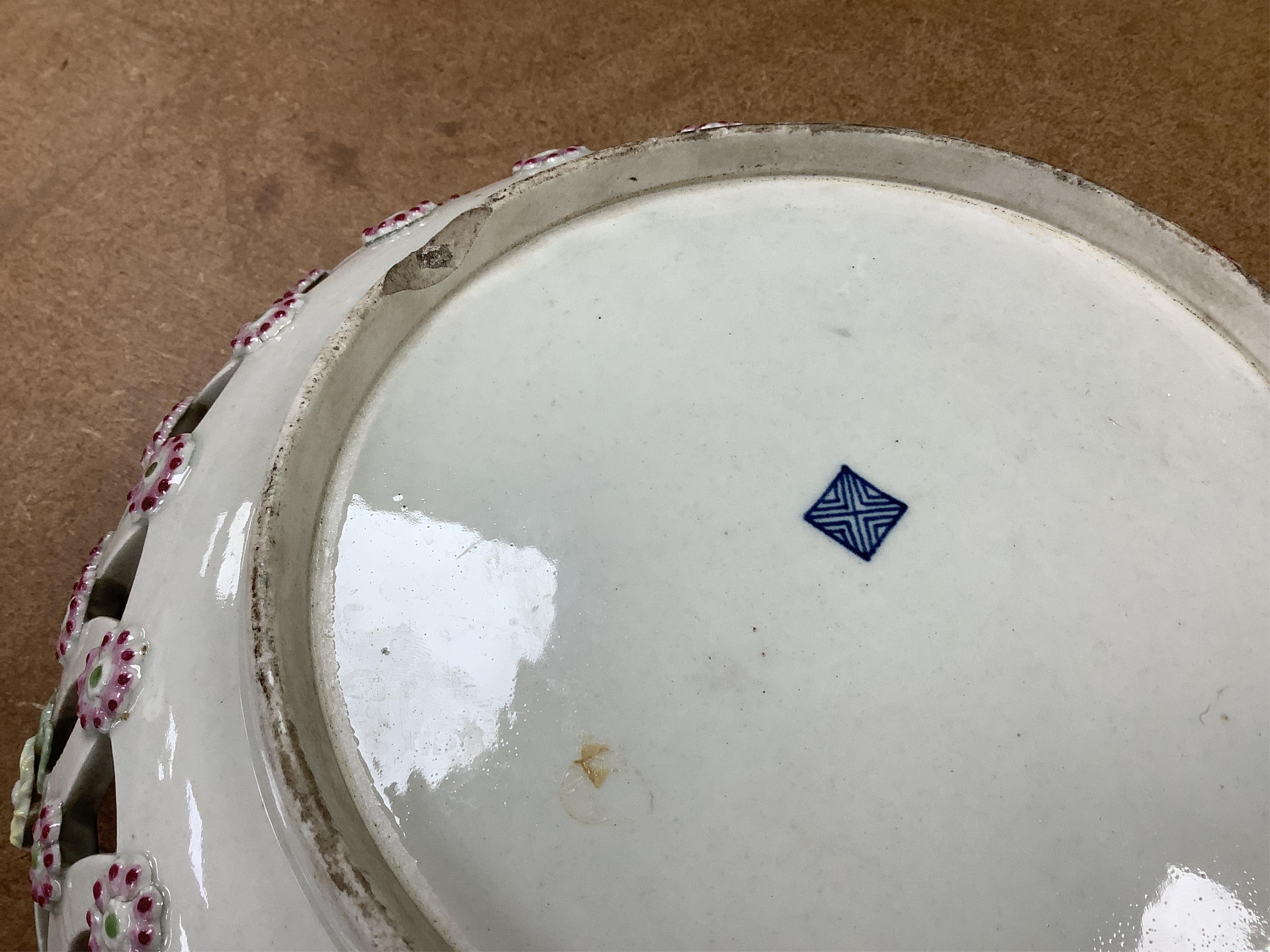 A Worcester scale blue two handled basket, c.1775, 28cm wide, and a similar bowl